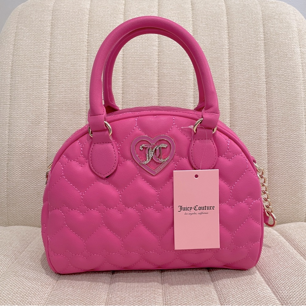 NEW Juicy Couture Hot Pink Heart Quilted Satchel Crossbody Bag Crystal JC Logo‎